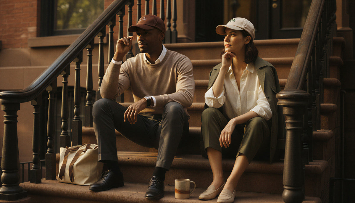 Two people on brownstone steps, one in a brown cap and one in a cream cap.