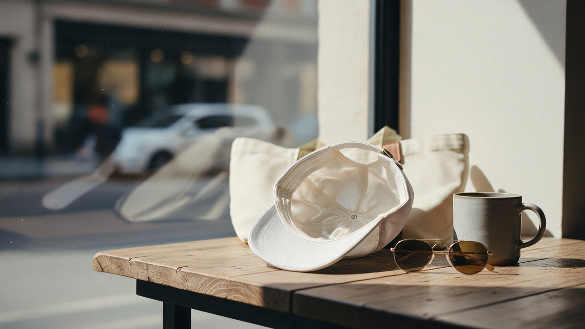 A cream baseball cap tipped on a wooden table, lining visible, beside sunglasses and a mug.