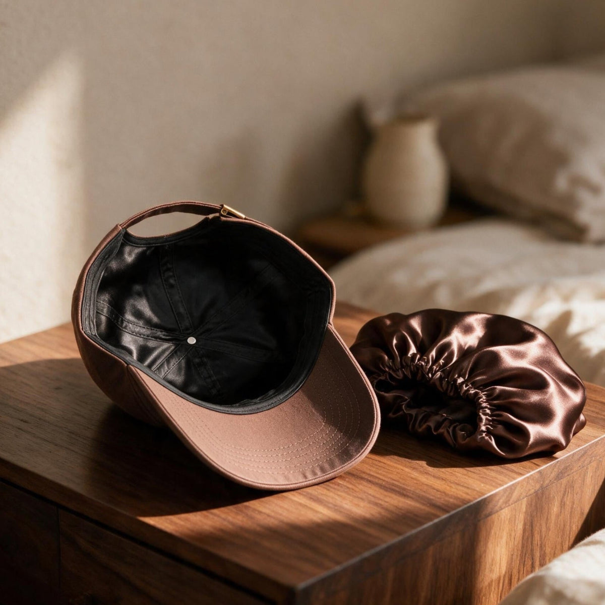 A chocolate brown baseball cap showing its black silk lining, next to a brown silk bonnet.